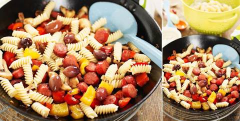 Pasta med pølse, olivenwok og kald sennepsaus