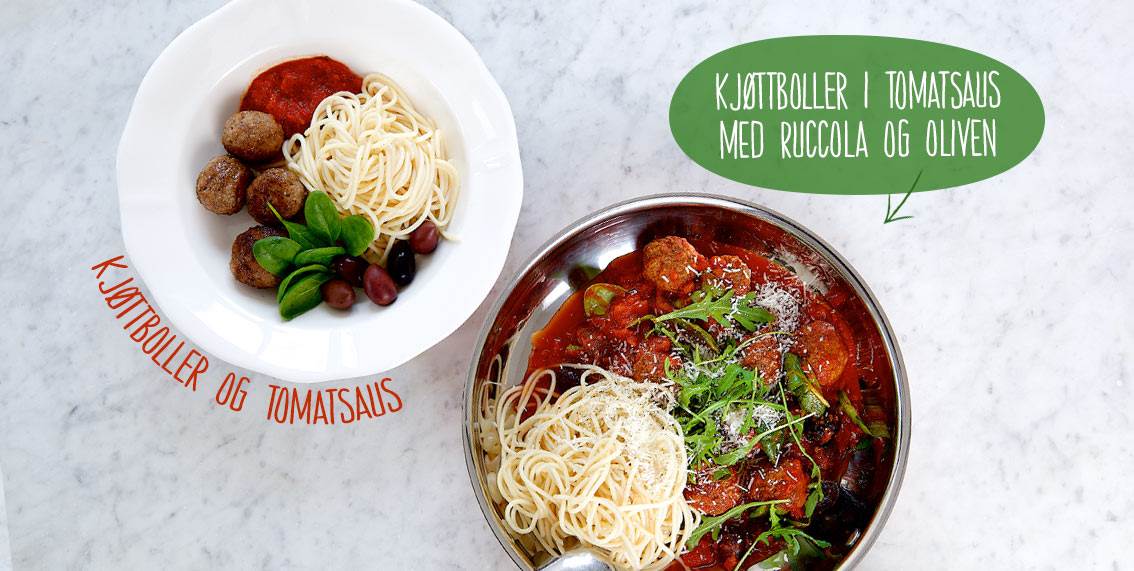 Spaghetti med kjøttboller og tomatsaus. Eller pasta og kjøttboller i tomatsaus med ruccola og oliven
