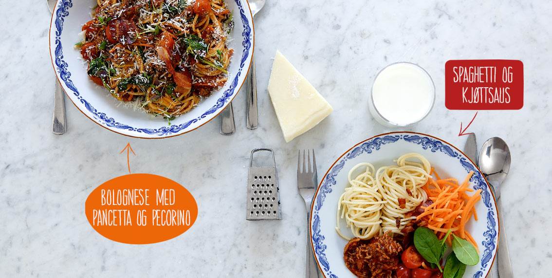 Spaghetti og kjøttsaus eller bolognese med pancetta og pecorino