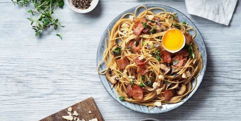 Spaghettini med bacon og sjampinjong – toppet med timian